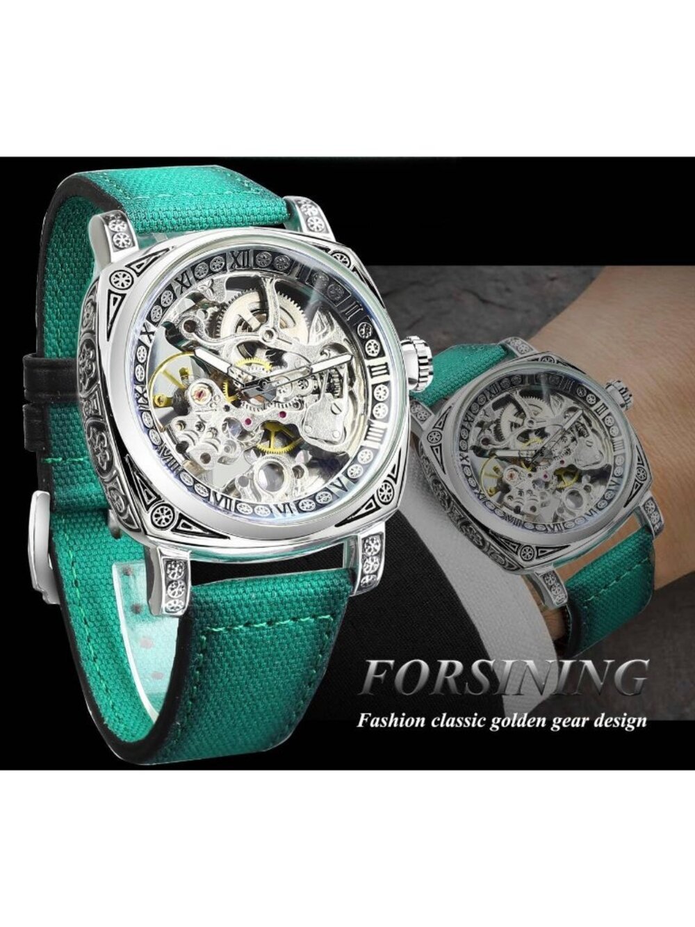 Men's Green Square Mechanical Leather Strap Self-Wind Carved Automatic Watch - Picture 5 of 7